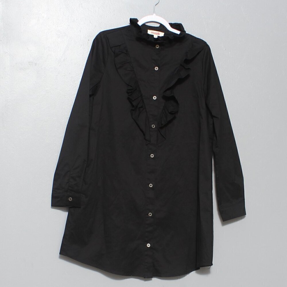 Mazik black cotton ruffle long sleeve button up shirt dress